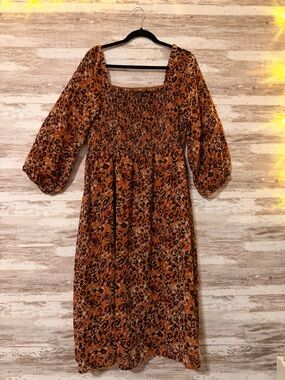 Smocked Square Neck Rust Leopard Print Midi Dress